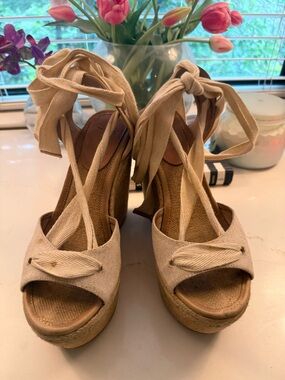 JOIE Women’s Tan Canvas Espadrille Wedge Sandals with Ankle Tie